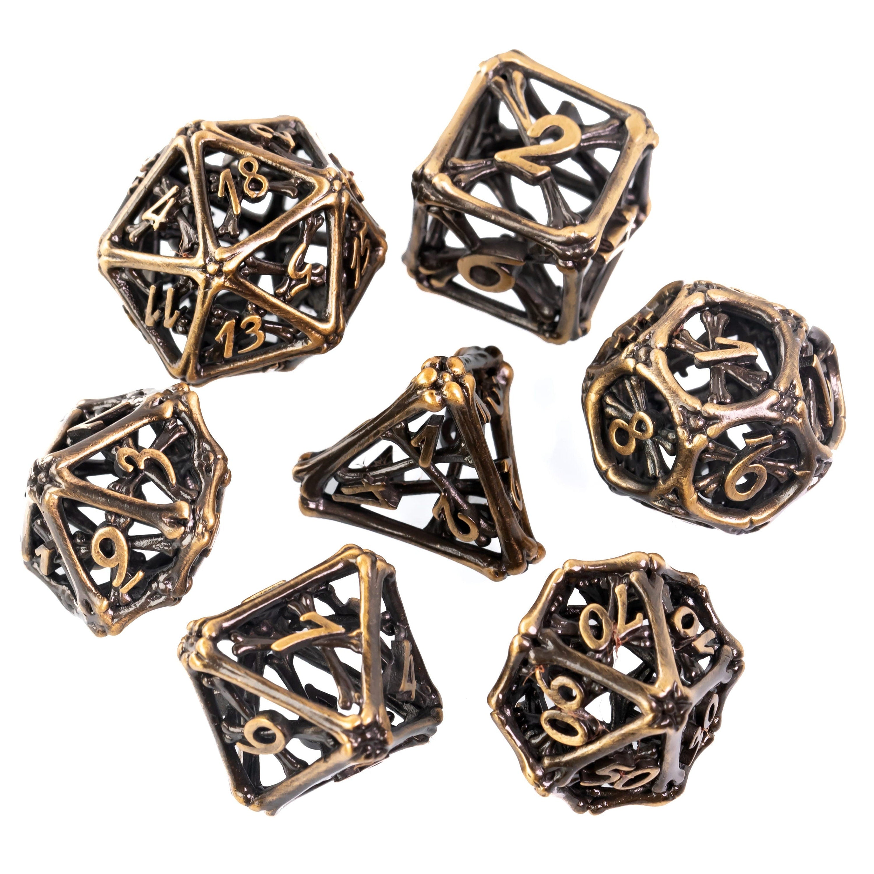 Hollow Antique Gold Hand Crafted Bones Metal DND/TTRPG Dice set - Dicemaniac