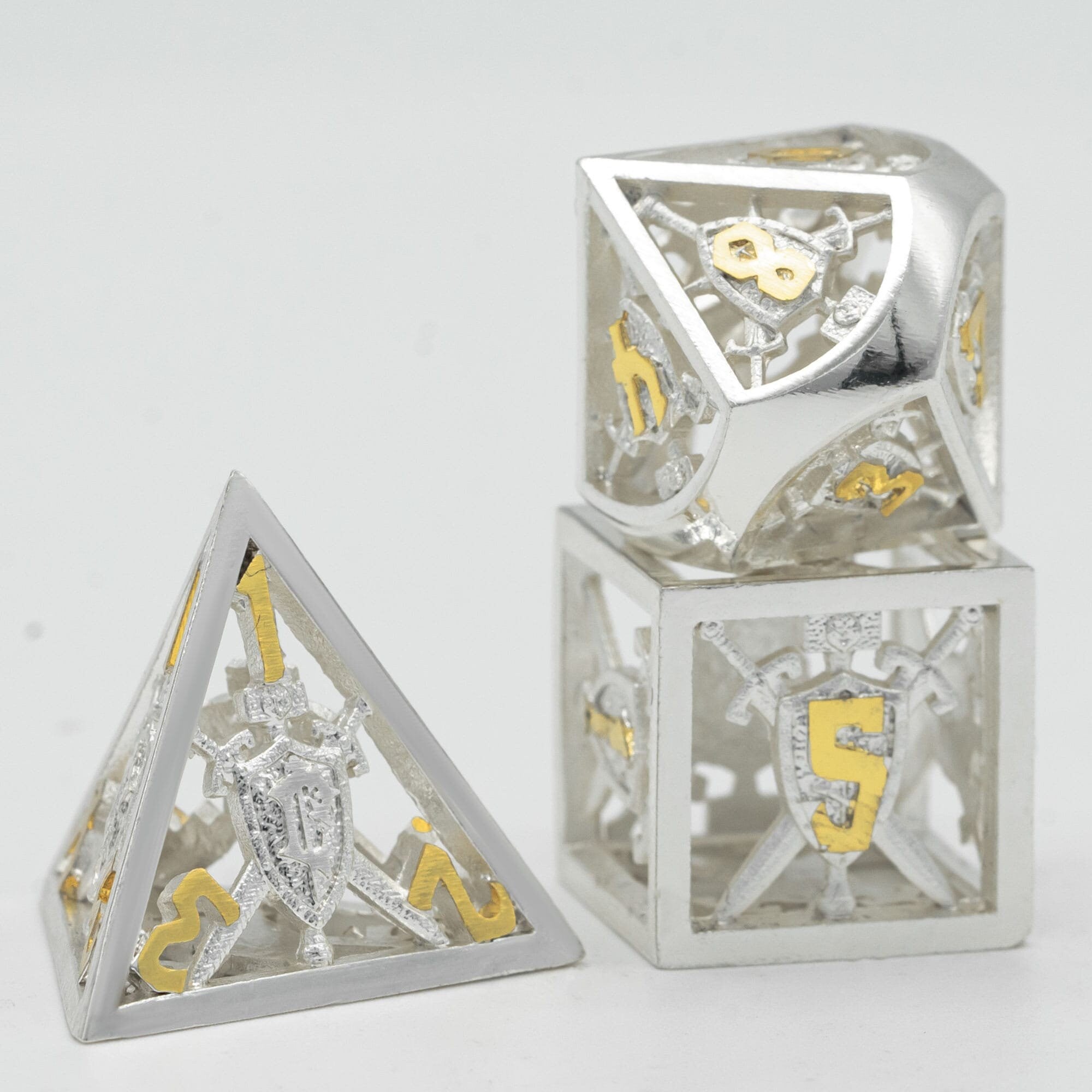 Retro Hollow Shield Silver Yellow Metal DND/TTRPG Dice set - Dicemaniac