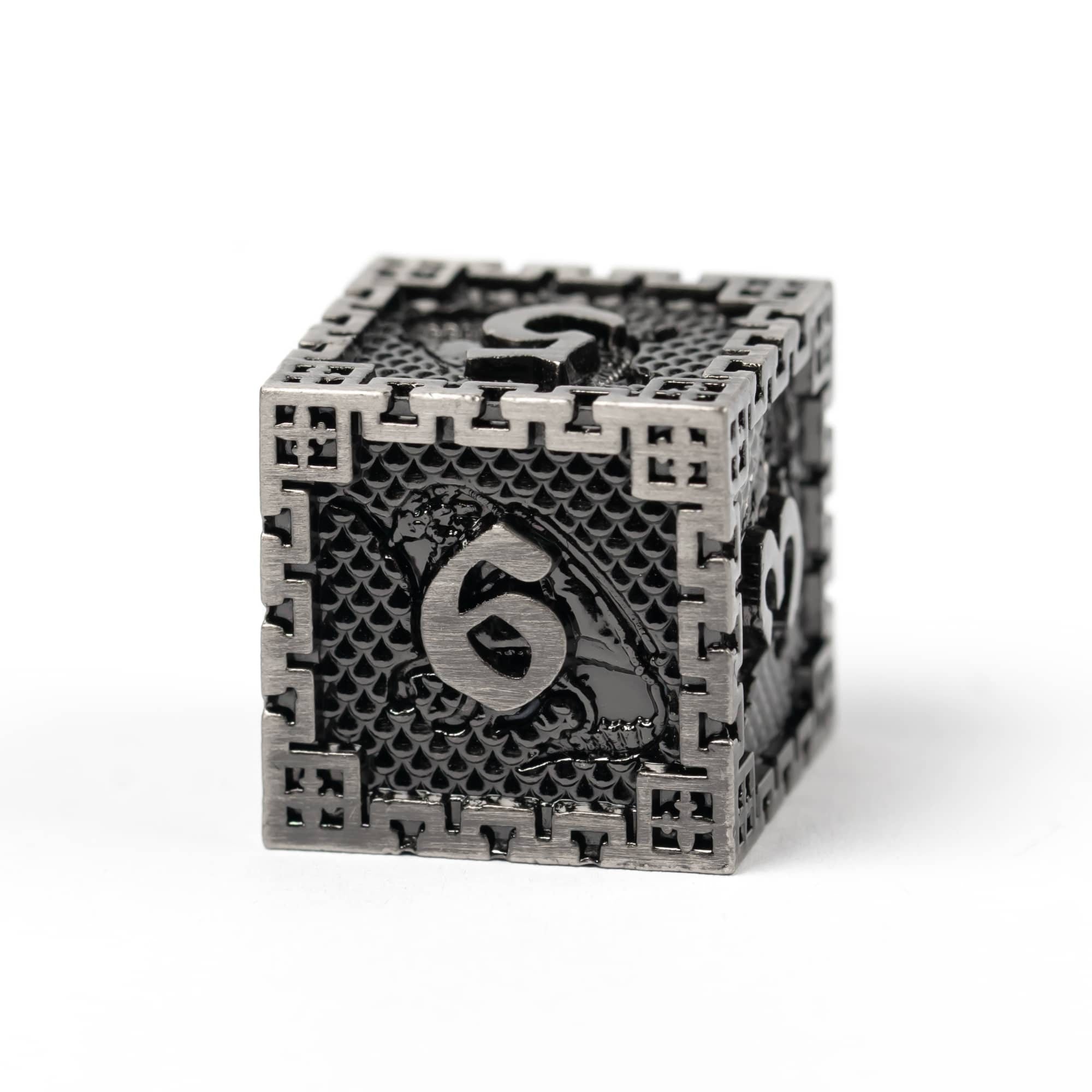 Oxidized Silver Dragon Guarded City Walls Metal DND/TTRPG Dice set - Dicemaniac