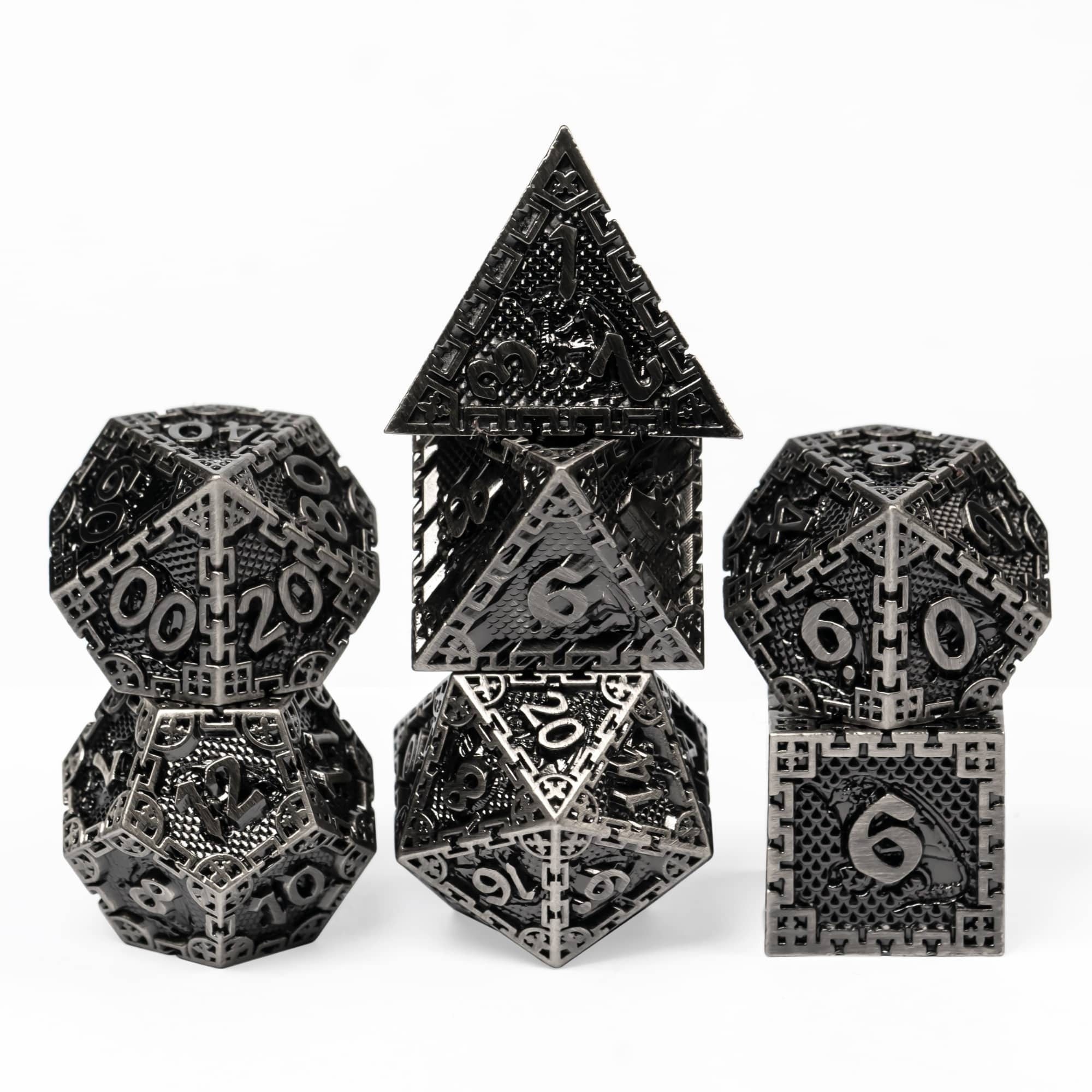 Oxidized Silver Dragon Guarded City Walls Metal DND/TTRPG Dice set - Dicemaniac
