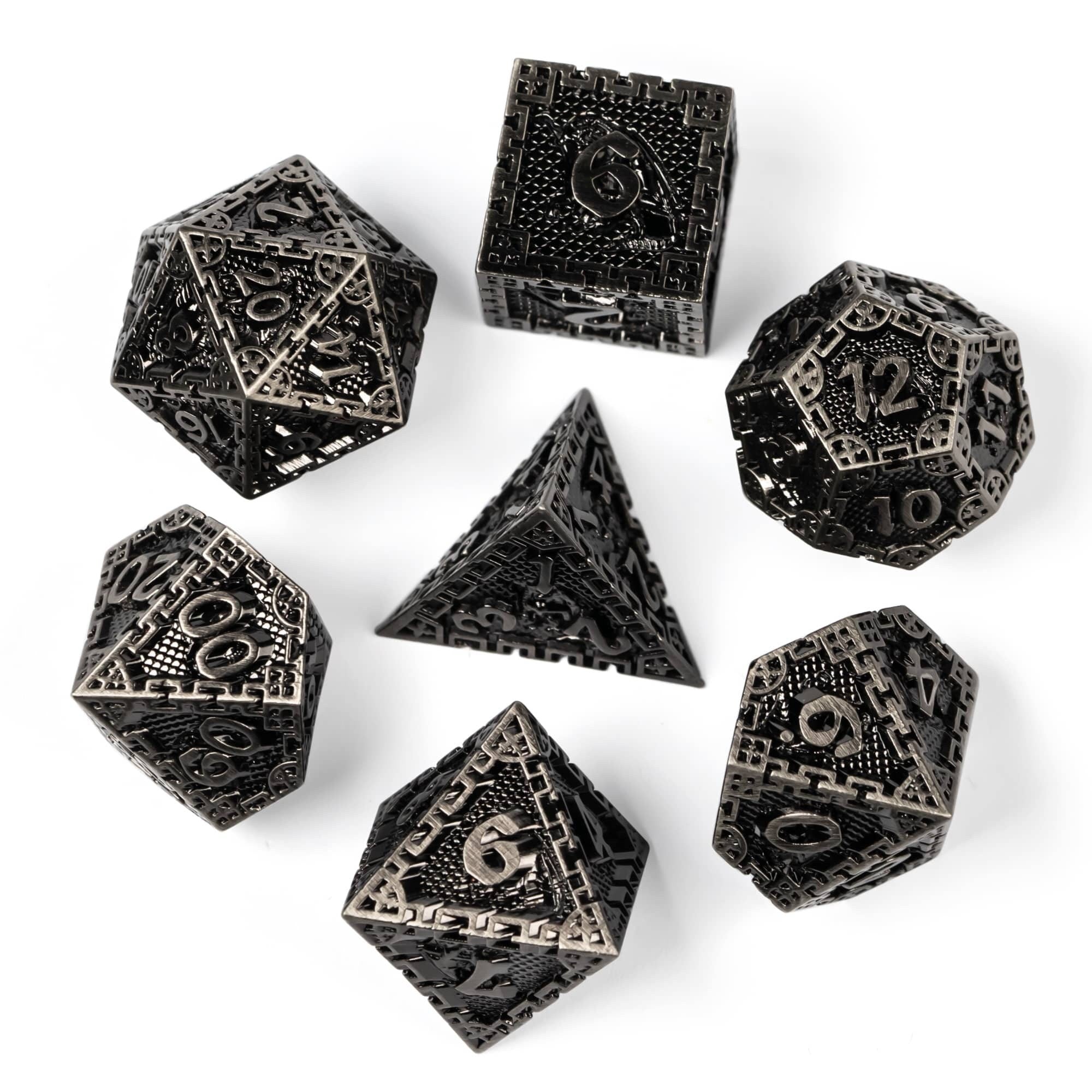 Oxidized Silver Dragon Guarded City Walls Metal DND/TTRPG Dice set - Dicemaniac
