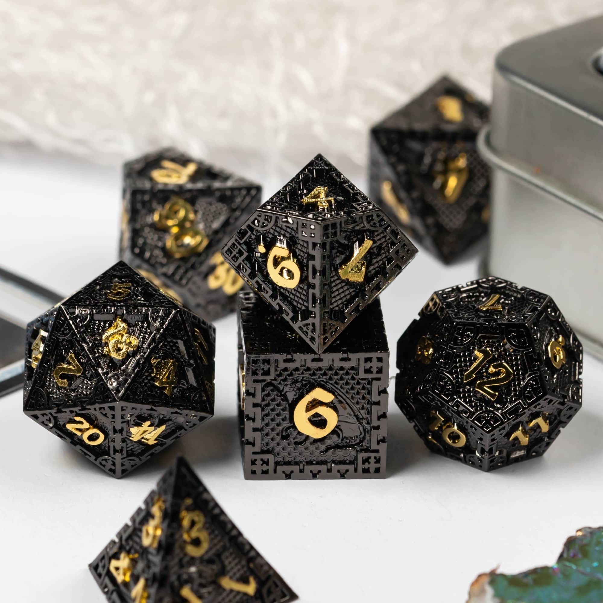 Black and Gold Dragon Guarded City Walls Metal DND/TTRPG Dice set - Dicemaniac