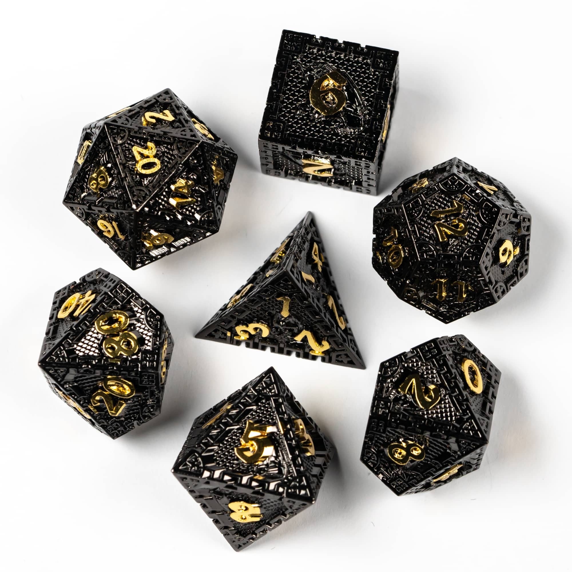 Black and Gold Dragon Guarded City Walls Metal DND/TTRPG Dice set - Dicemaniac