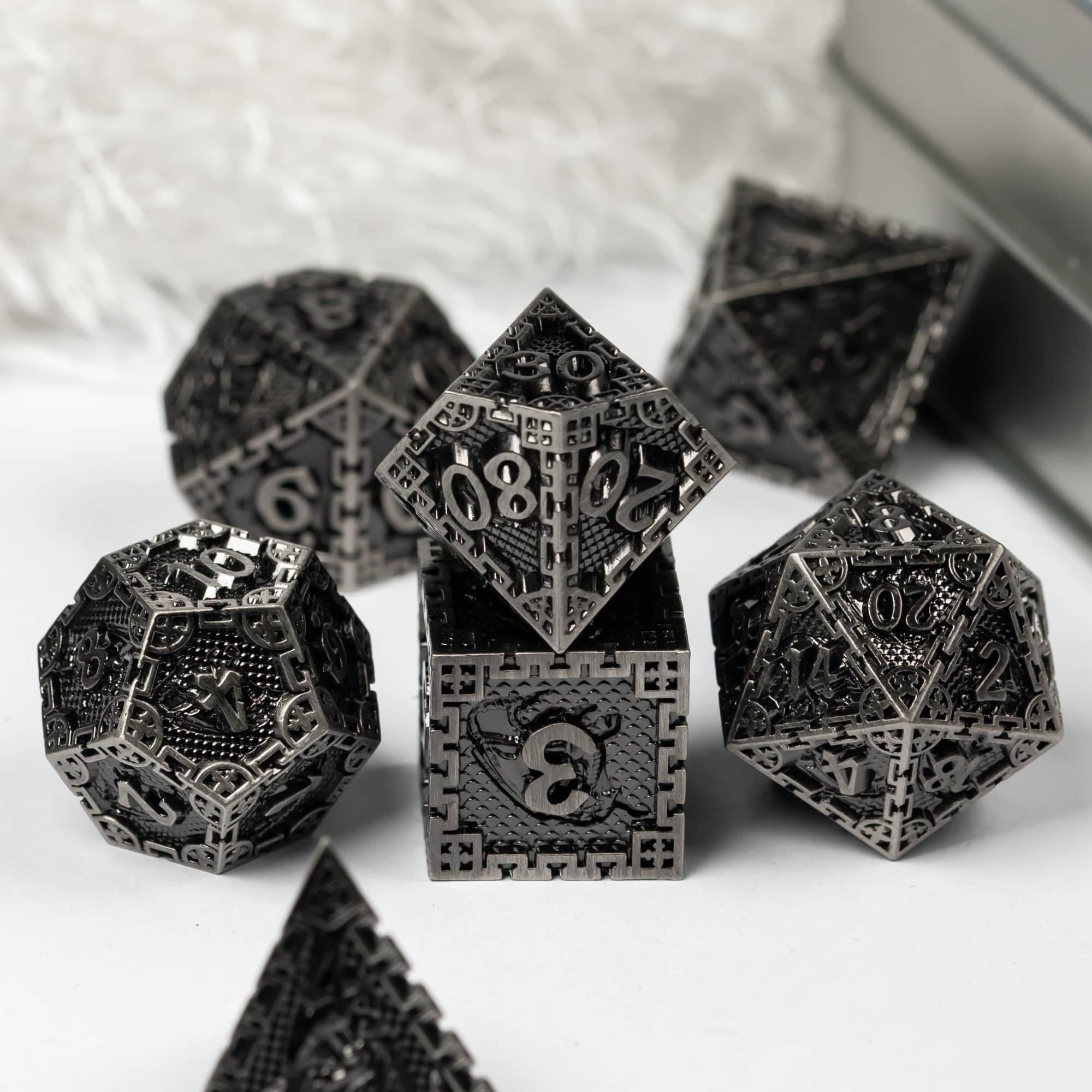 Oxidized Silver Dragon Guarded City Walls Metal DND/TTRPG Dice set - Dicemaniac
