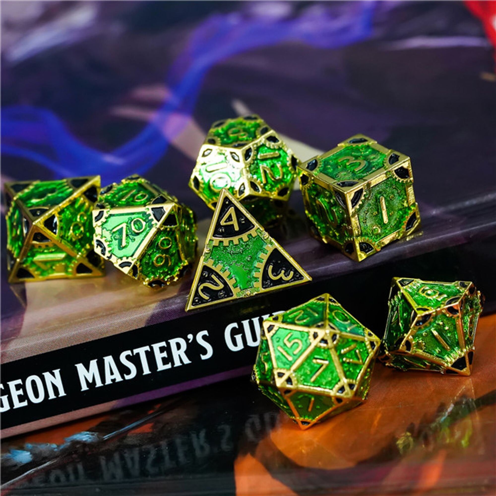 Steampunk Chaos Engine Poison Green Metal Rogue Style DND/TTRPG Dice set - Dicemaniac