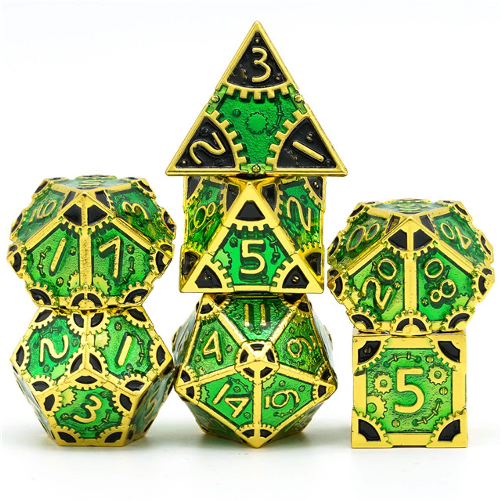 Steampunk Chaos Engine Poison Green Metal Rogue Style DND/TTRPG Dice set - Dicemaniac