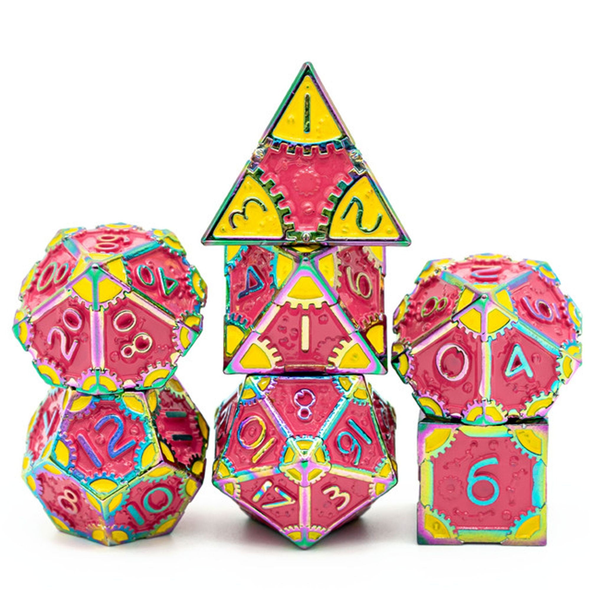 Steampunk Chaos Engine Vibrant Coloured Rainbow Metal Rogue TTRPG/DND DICE SET - Dicemaniac