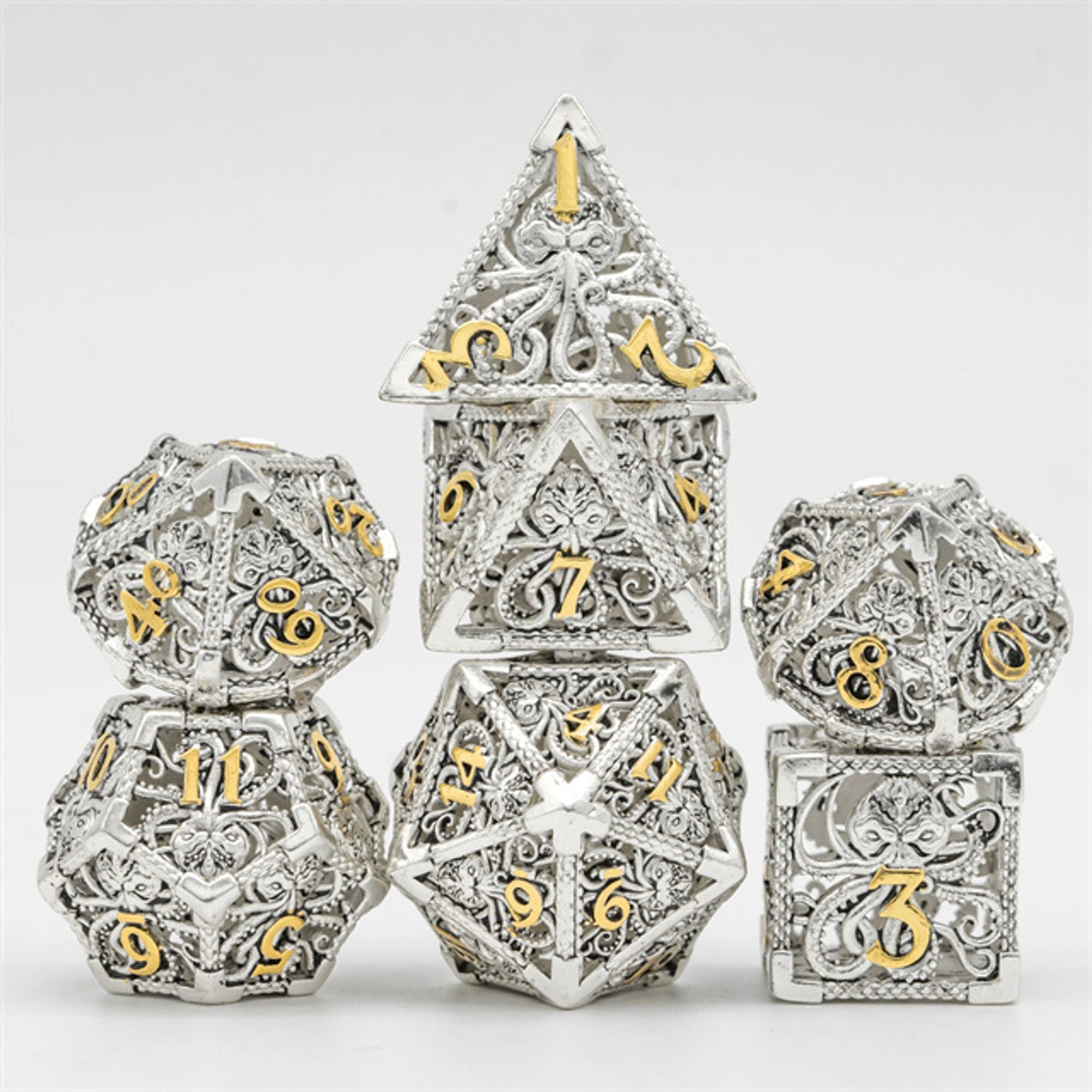 Hollow Octopus Silver Metal DND/TTRPG Dice set - Dicemaniac