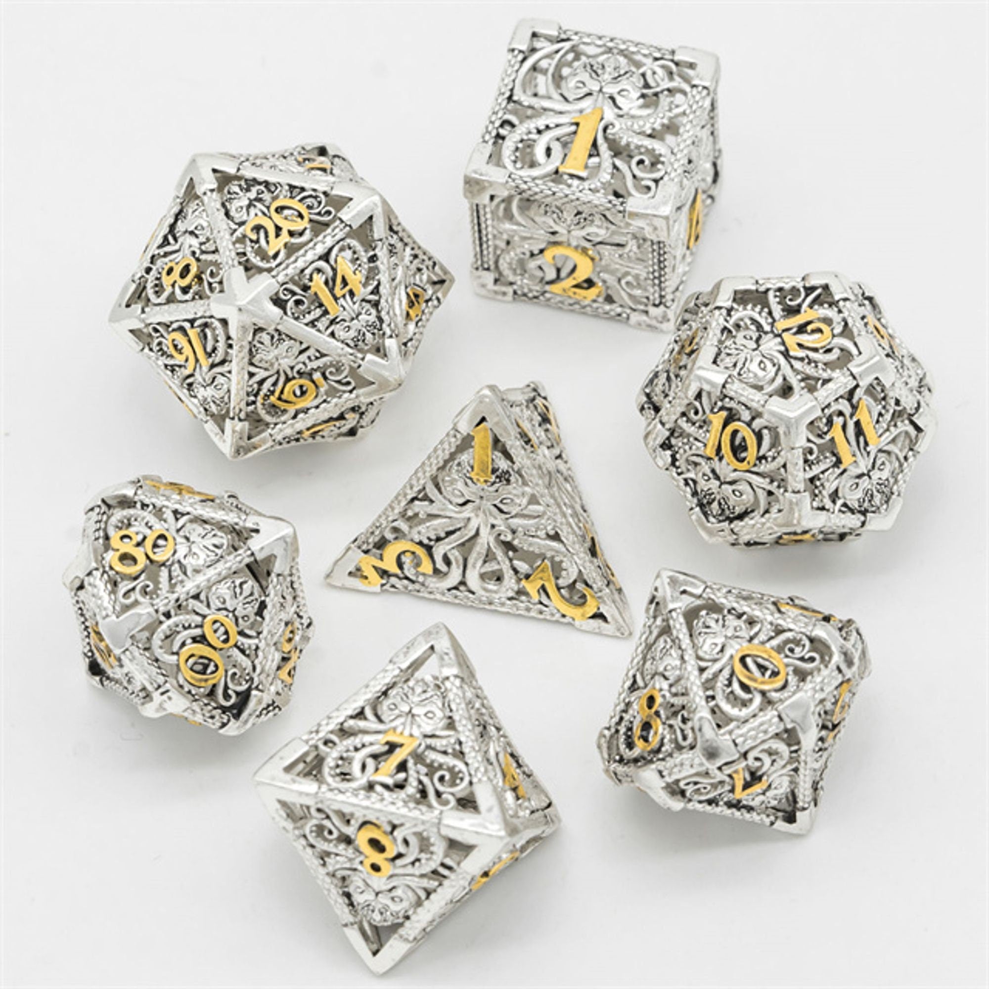 Hollow Octopus Silver Metal DND/TTRPG Dice set - Dicemaniac