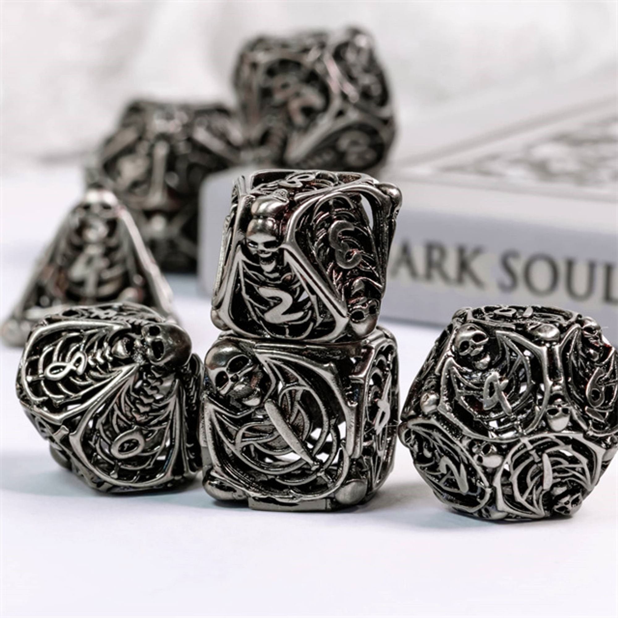 Hollow Deadly Bones Silver Metal DND/TTRPG Dice set - Dicemaniac