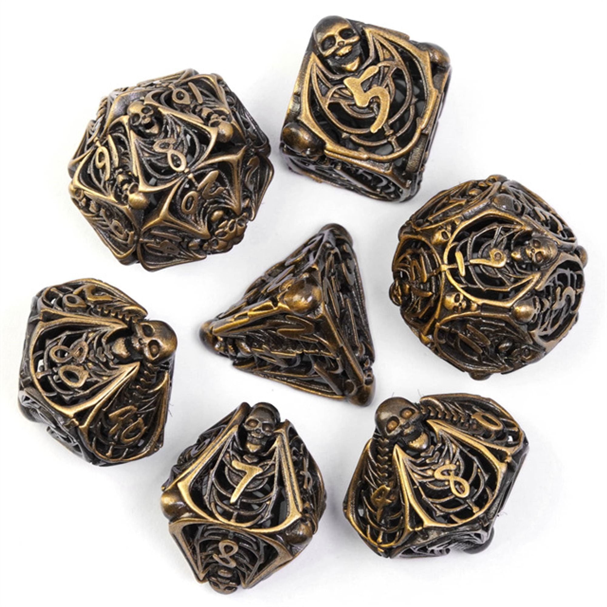 Hollow Deadly Bones Aged Golden Metal DND/TTRPG Dice set - Dicemaniac