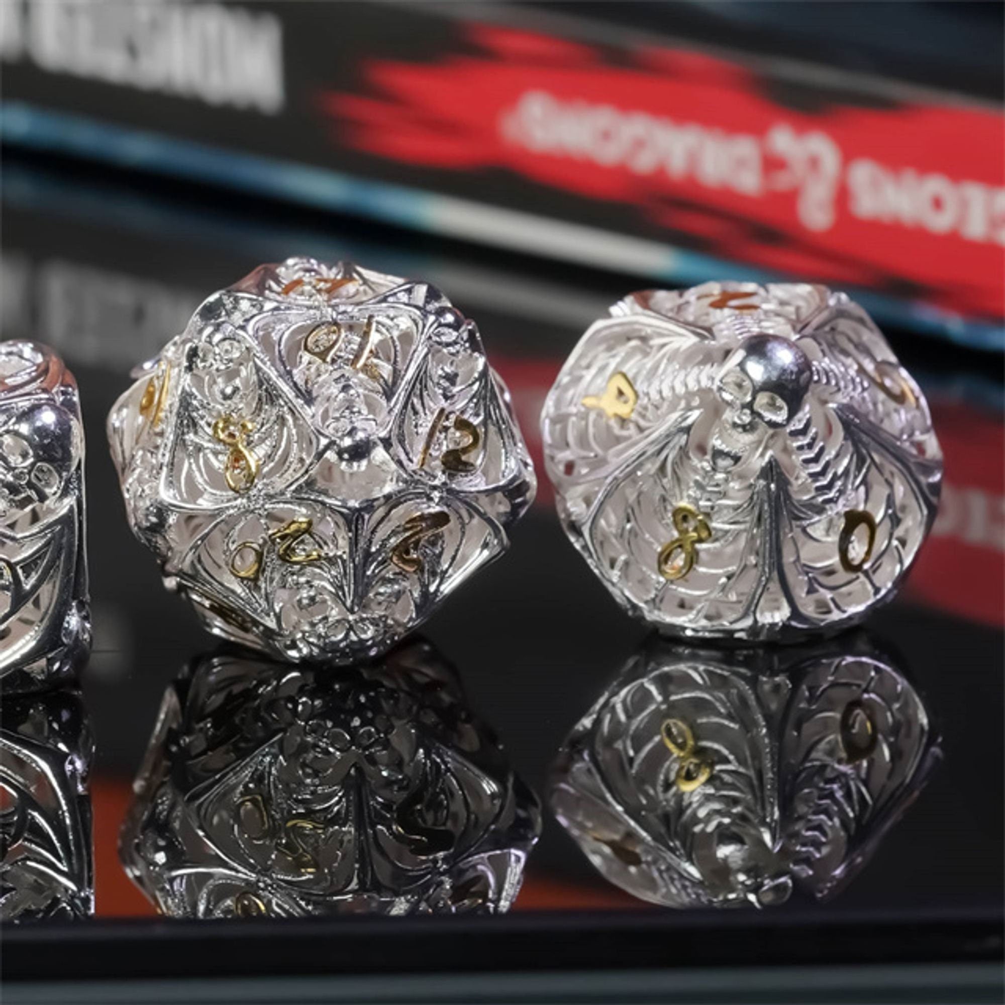 Hollow Deadly Bones Shiny Silver Metal DND/TTRPG Dice set - Dicemaniac