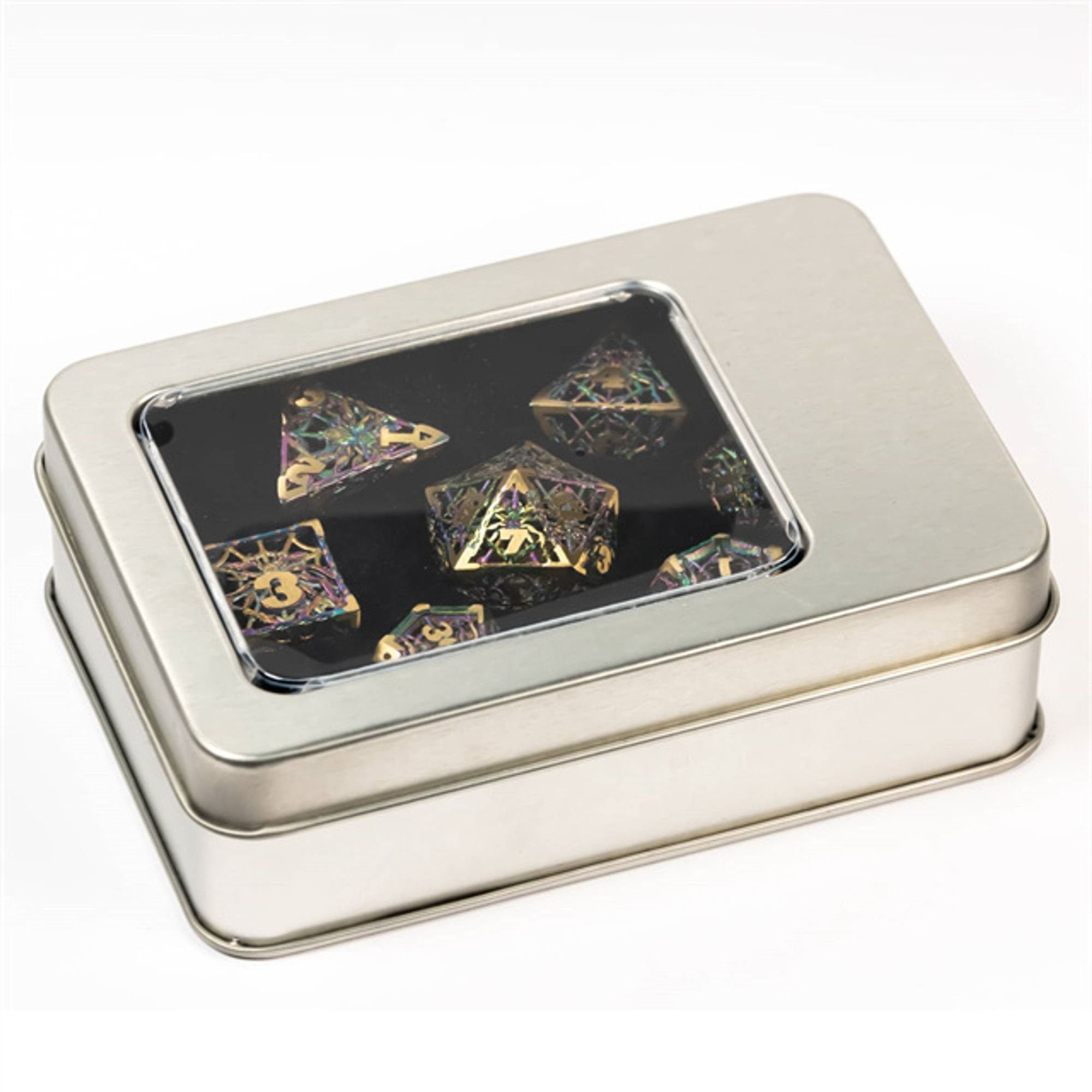 Fluorescent Rainbow Hollow Spider Metal DND/TTRPG Dice set - Dicemaniac