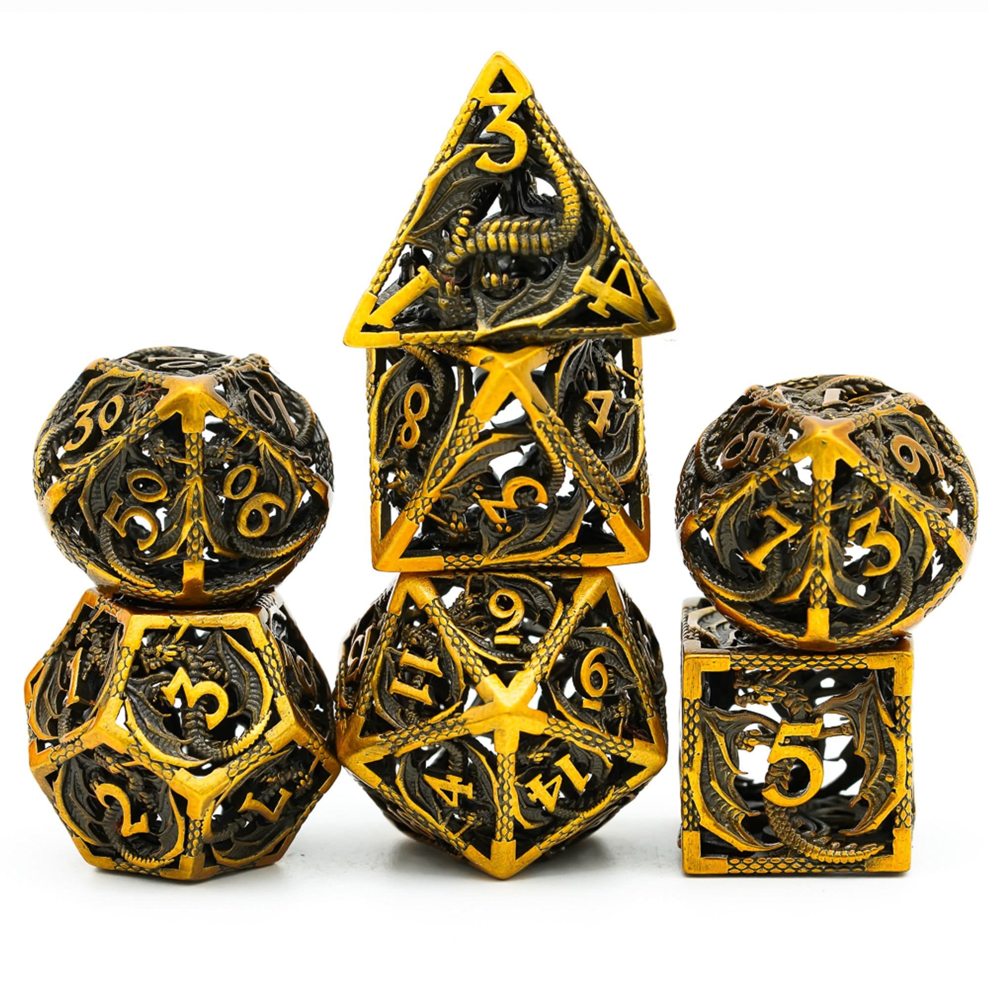 Hollow Aged Golden Draconic Flying Dragon Metal DND/TTRPG Dice set - Dicemaniac