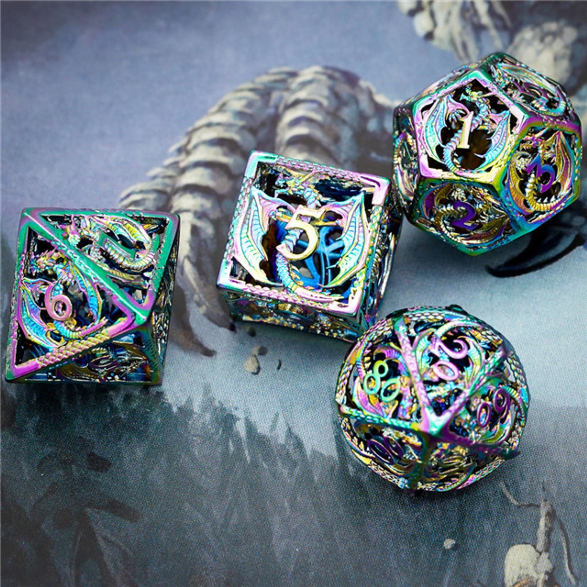 Hollow Holographic Draconic Flying Dragon Metal TTRPG/DND DICE SET - Dicemaniac