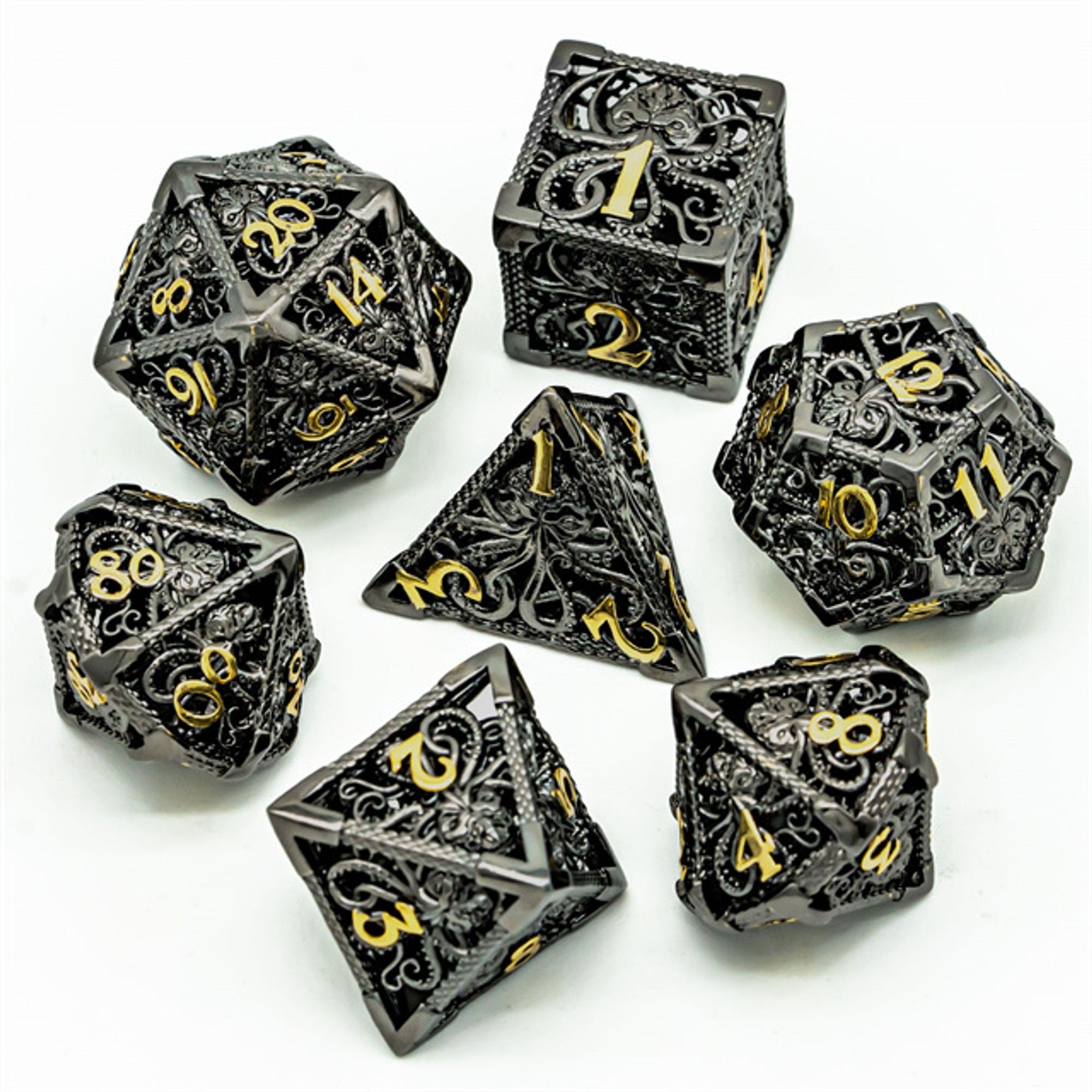 Hollow Octopus Black Gold Metal DND/TTRPG Dice set - Dicemaniac