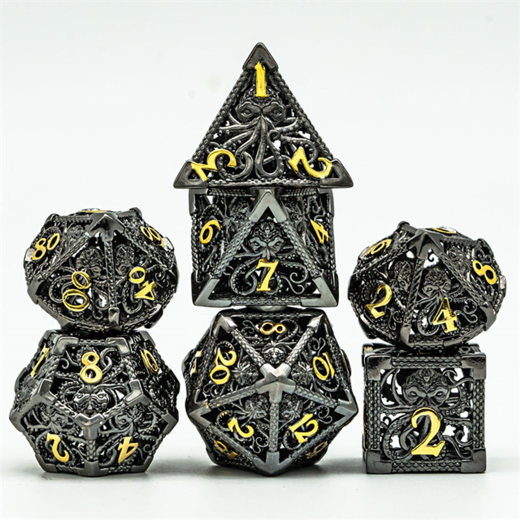 Hollow Octopus Black Gold Metal DND/TTRPG Dice set - Dicemaniac