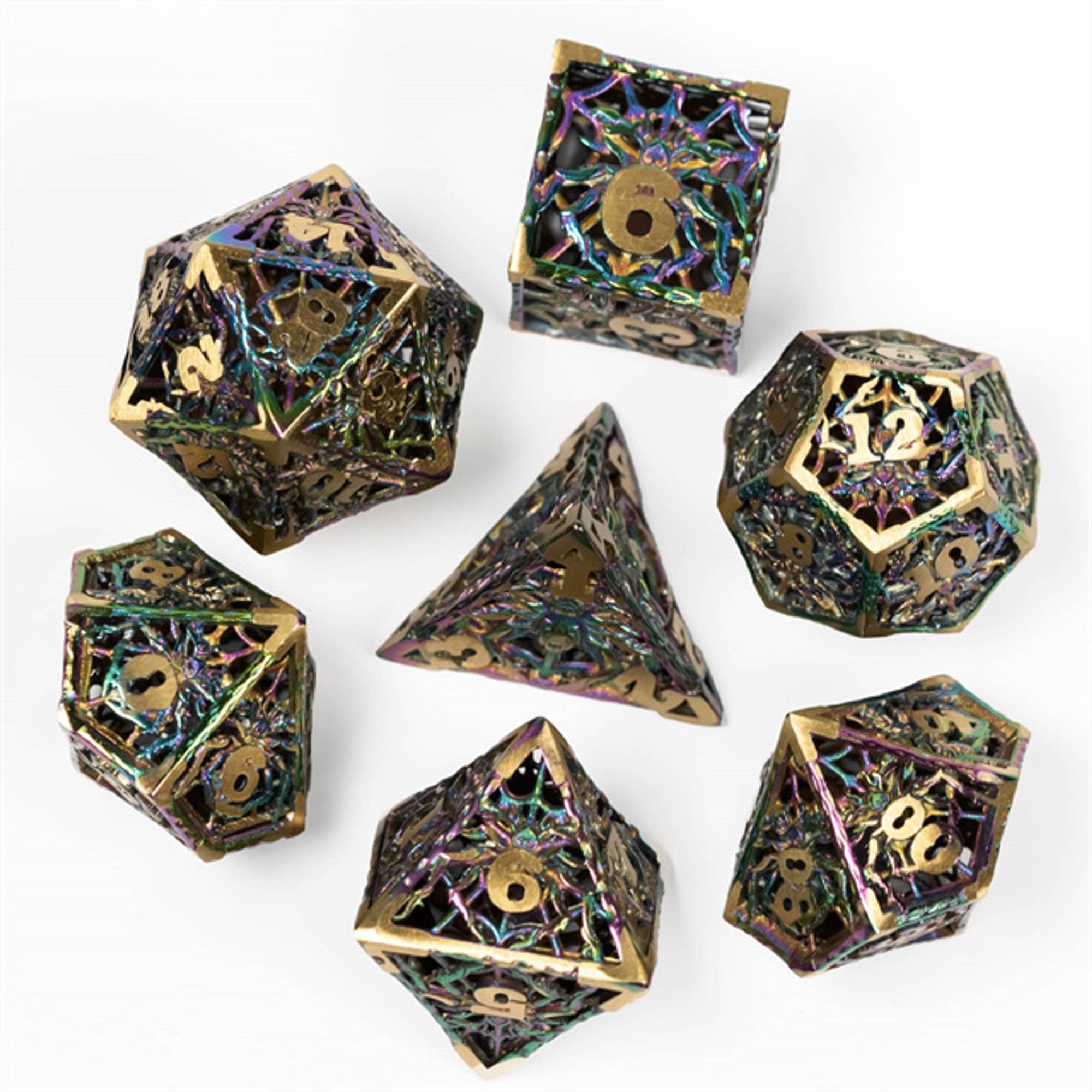 Fluorescent Rainbow Hollow Spider Metal DND/TTRPG Dice set - Dicemaniac