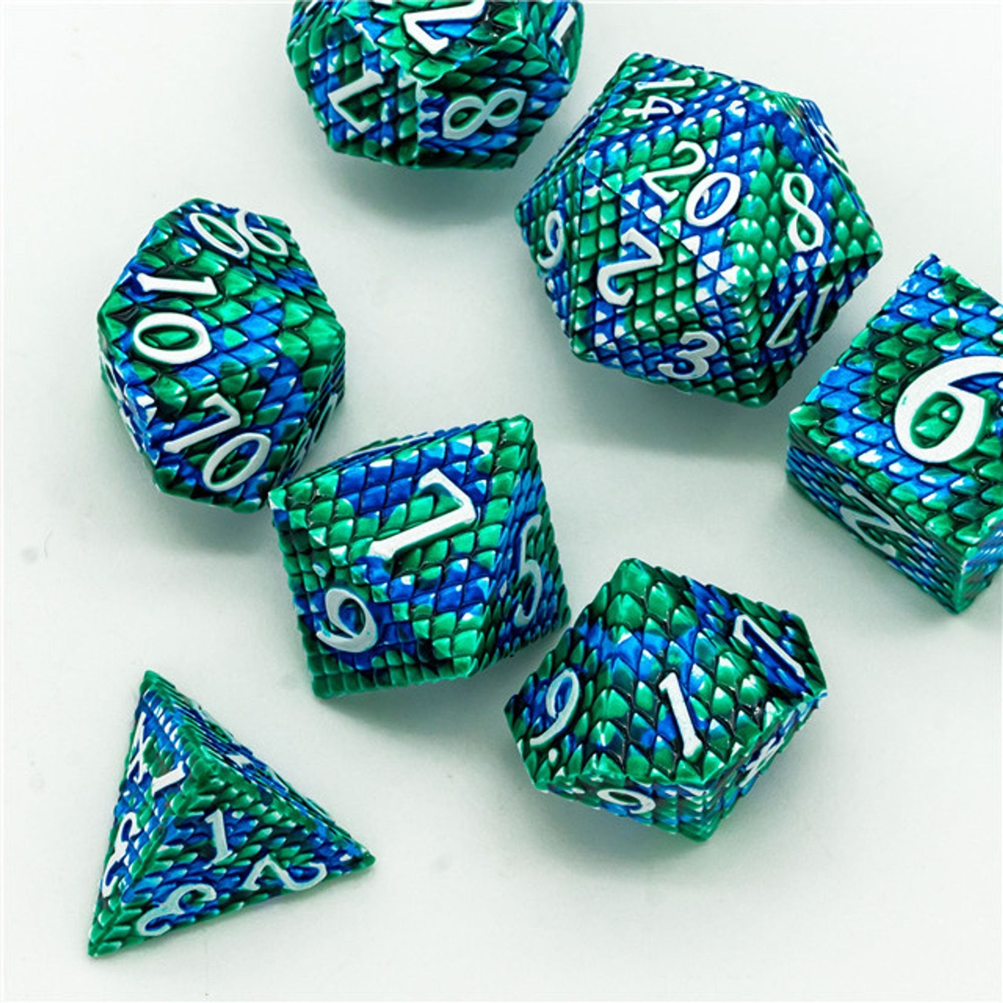 Dragon Green Blue Metal Scaled Style DND/TTRPG Dice set - Dicemaniac