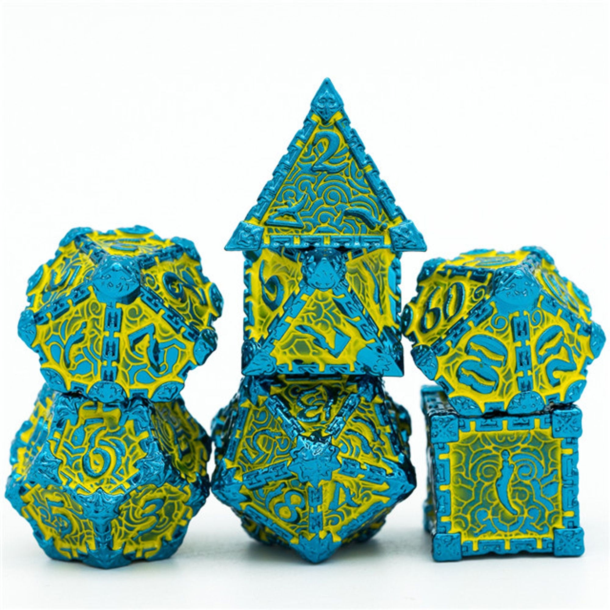 Dagger of Venom Royal Blue and Yellow Metal Rogue Style DND/TTRPG Dice set - Dicemaniac