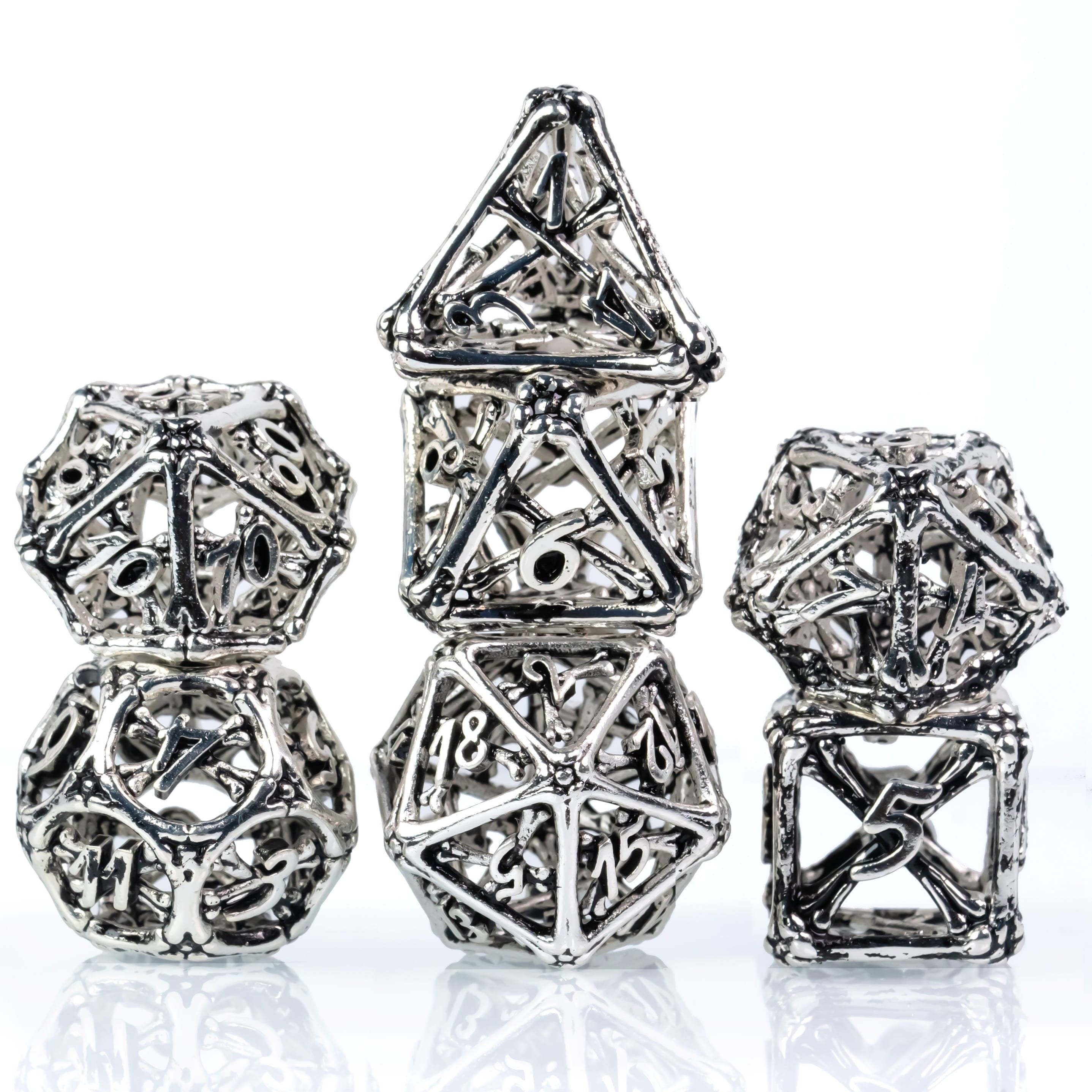 Hollow Shiny Silver Hand Crafted Bones Metal DND/TTRPG Dice set - Dicemaniac