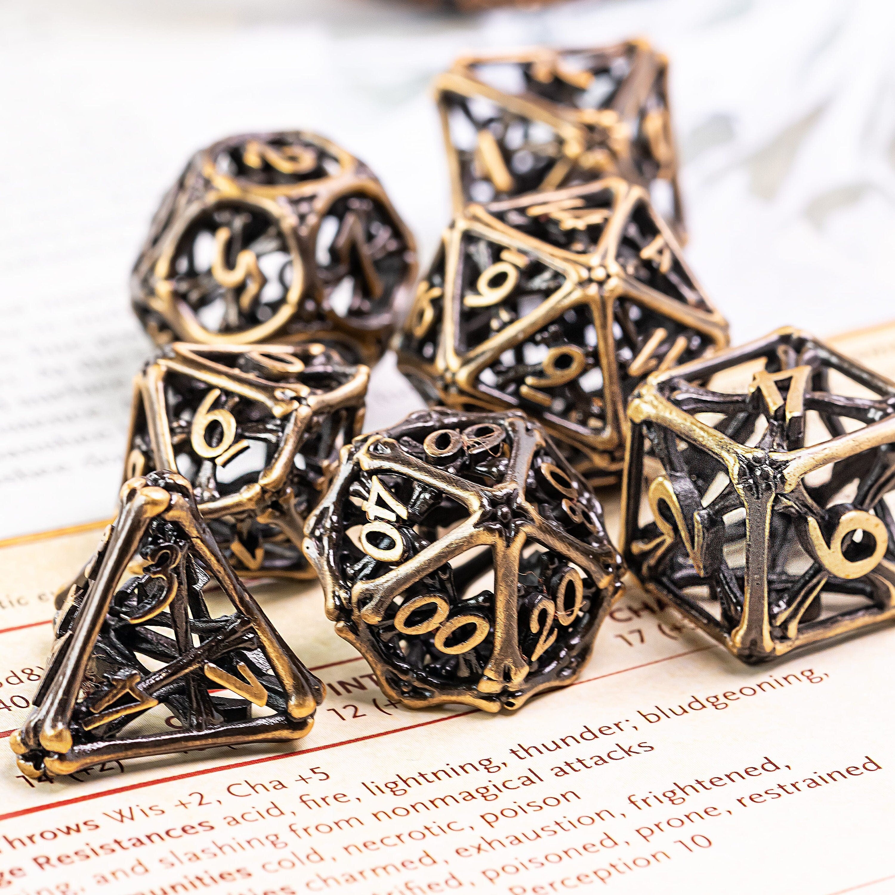 Hollow Antique Gold Hand Crafted Bones Metal DND/TTRPG Dice set - Dicemaniac