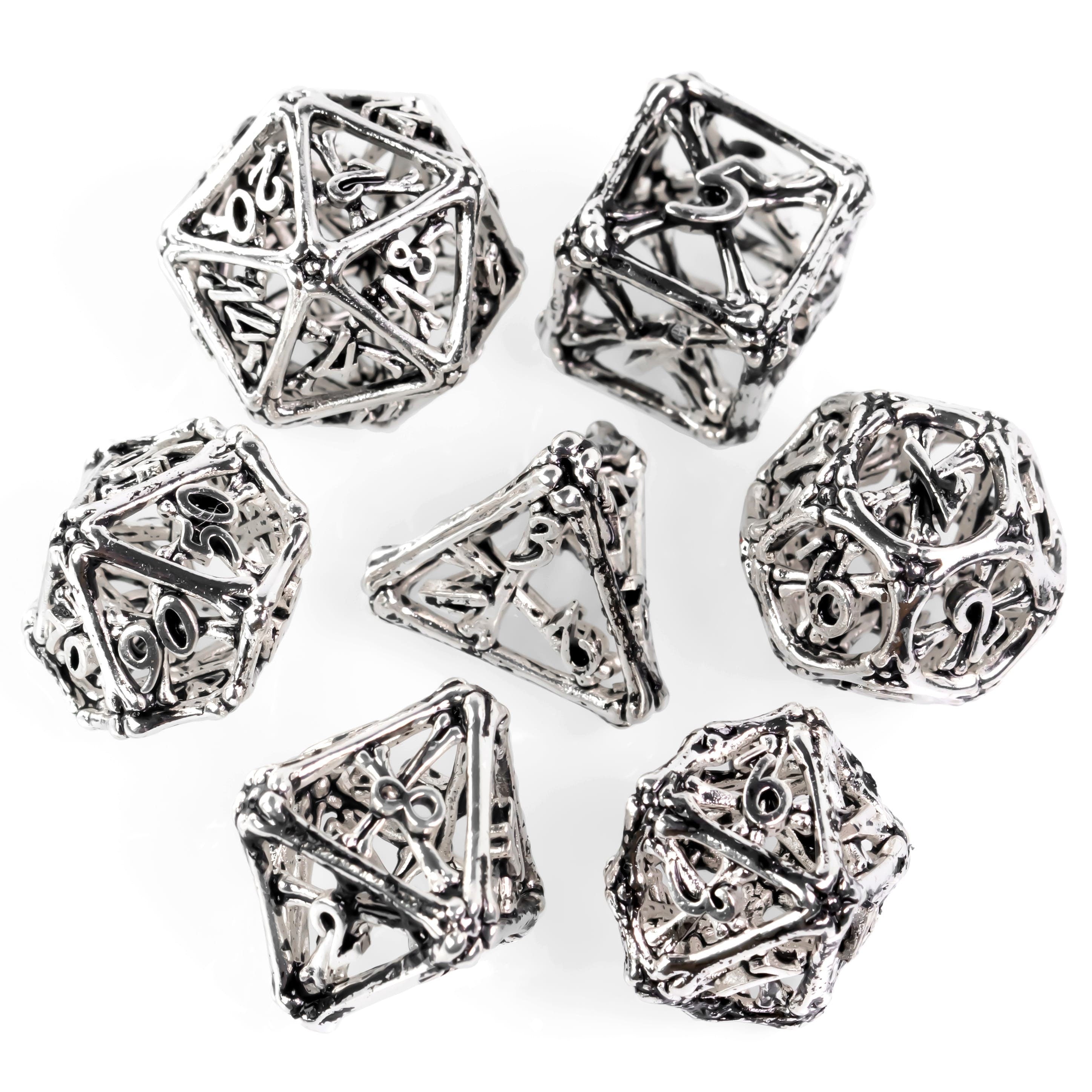 Hollow Shiny Silver Hand Crafted Bones Metal DND/TTRPG Dice set - Dicemaniac