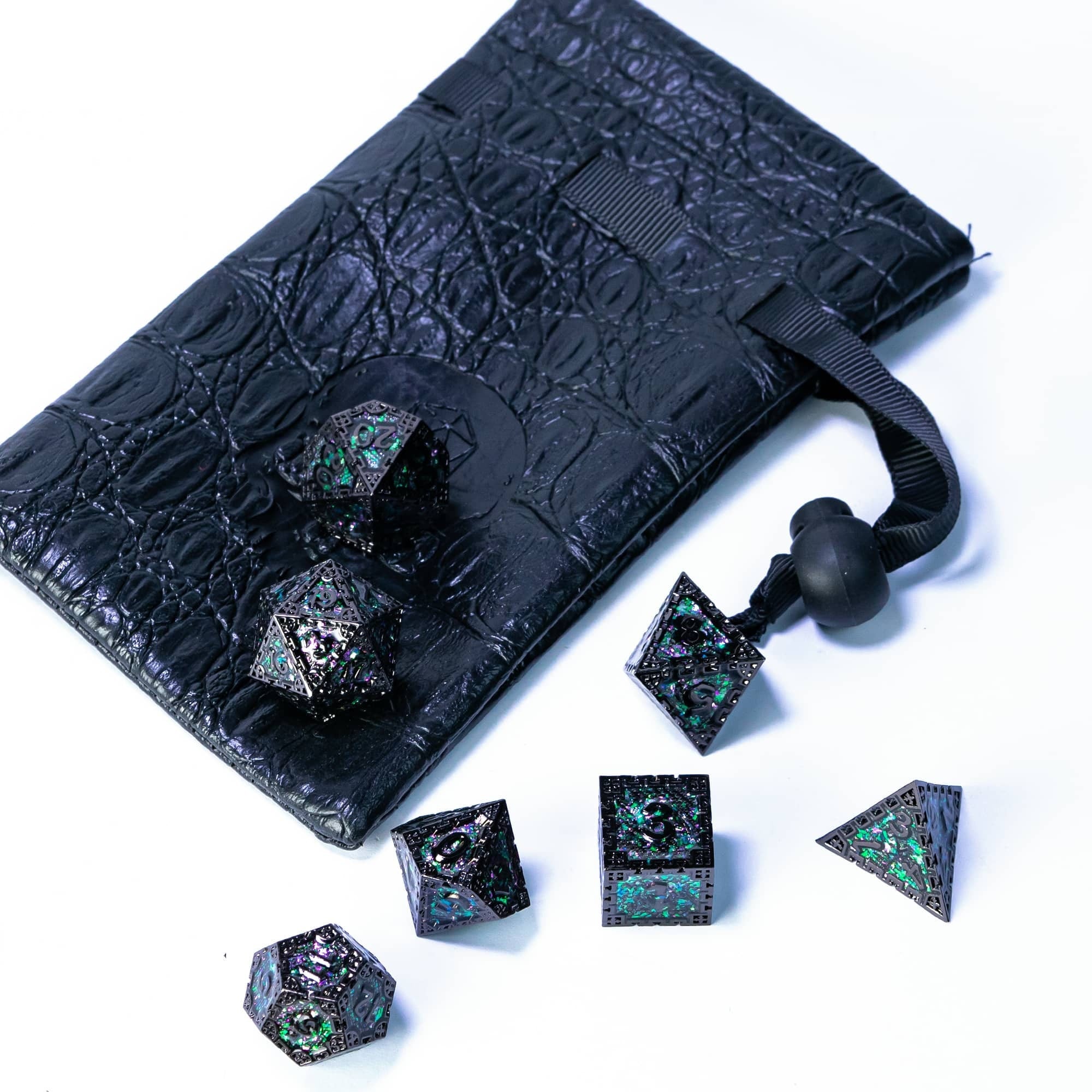 Mystic Black and Green Guarded City Walls Metal DND/TTRPG Dice set - Dicemaniac