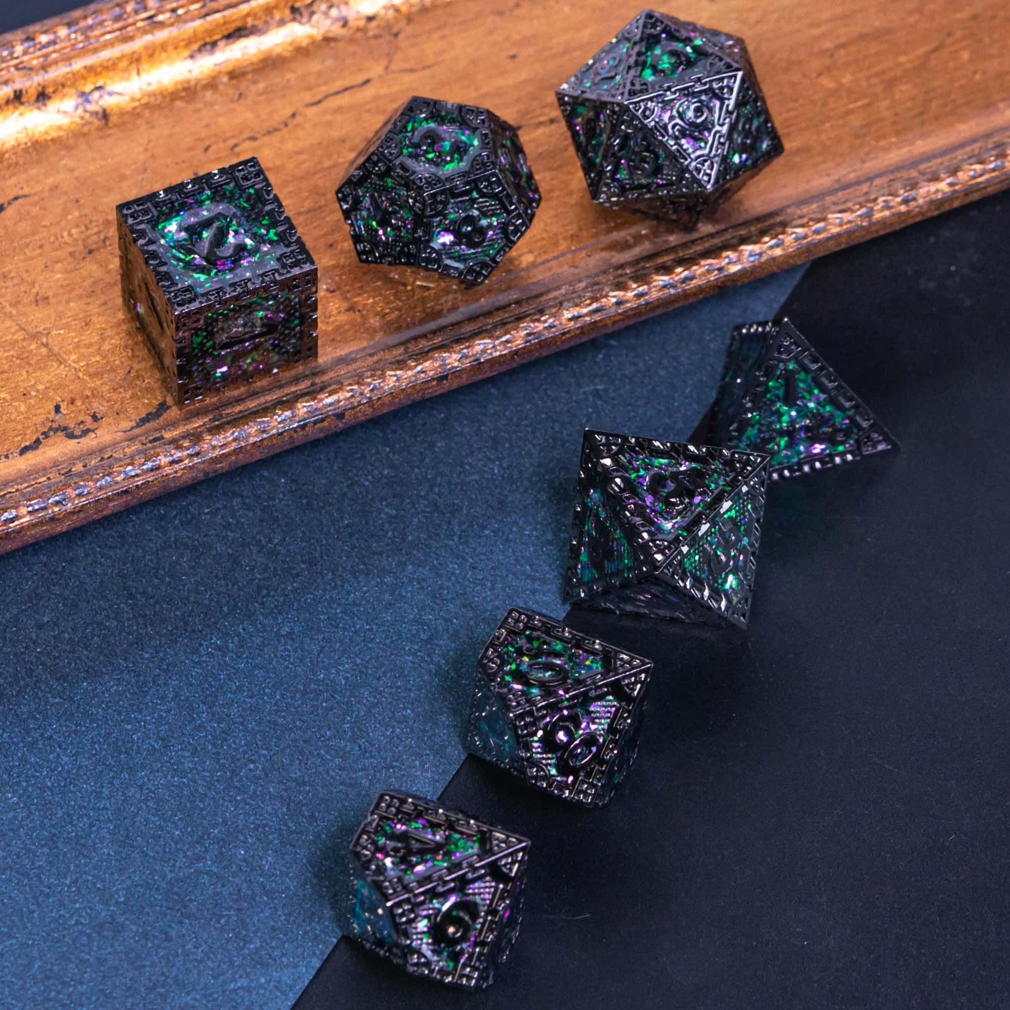 Mystic Black and Green Guarded City Walls Metal DND/TTRPG Dice set - Dicemaniac