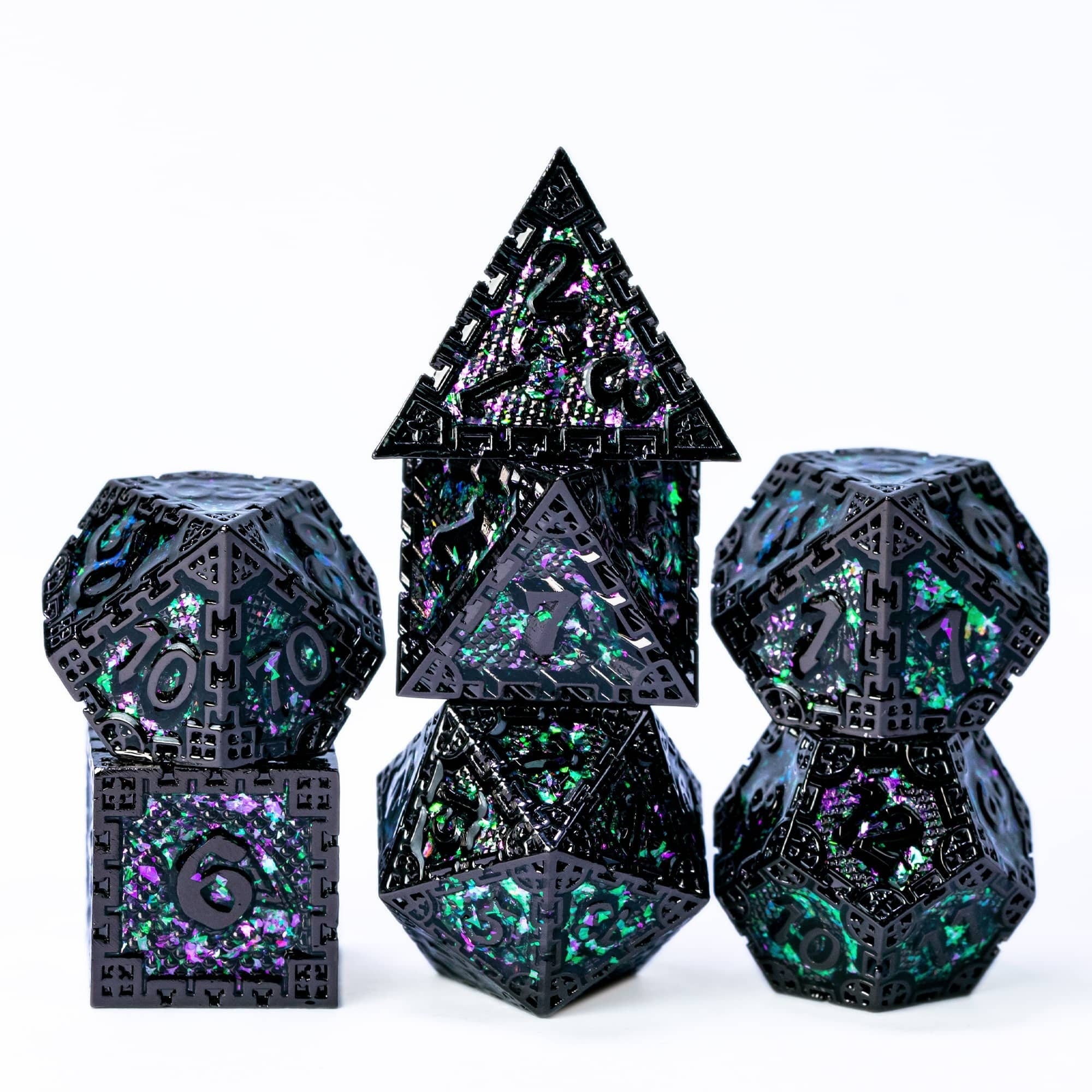 Mystic Black and Green Guarded City Walls Metal DND/TTRPG Dice set - Dicemaniac