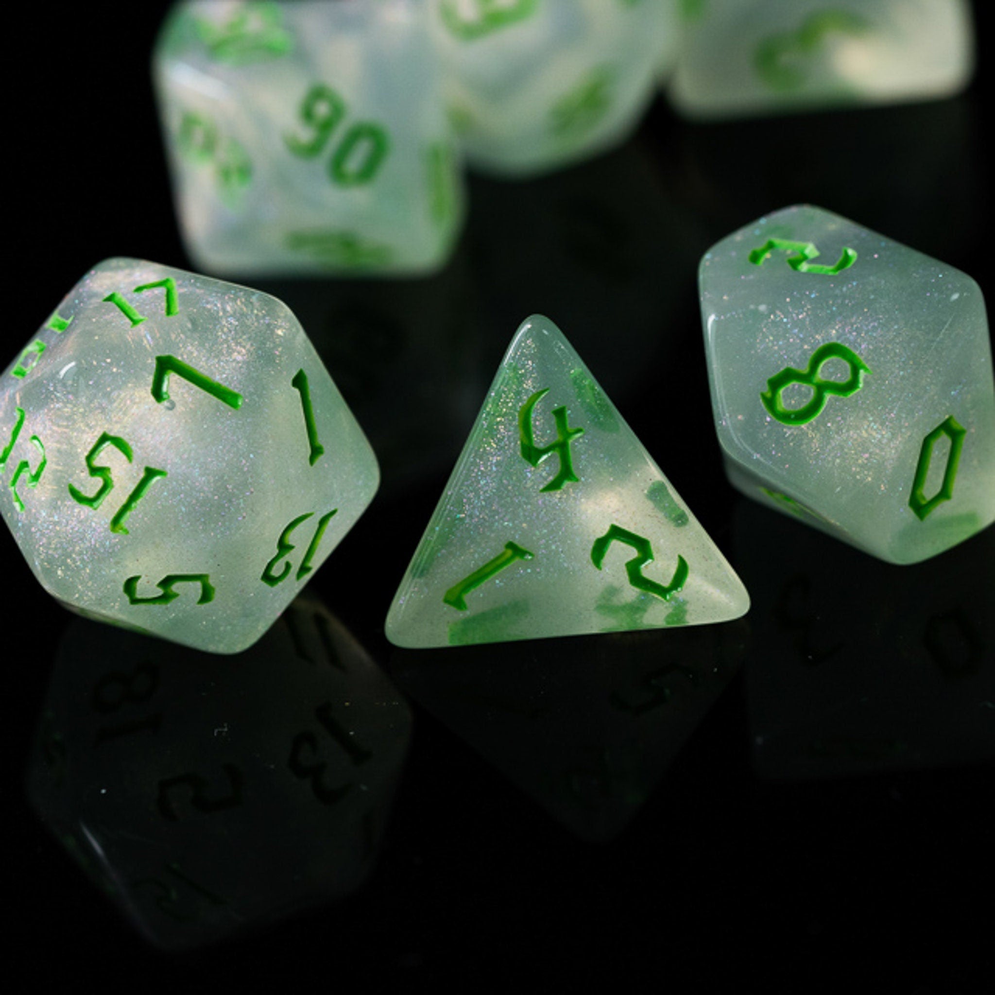 Green Gothic Script DND/TTRPG Dice set - Dicemaniac