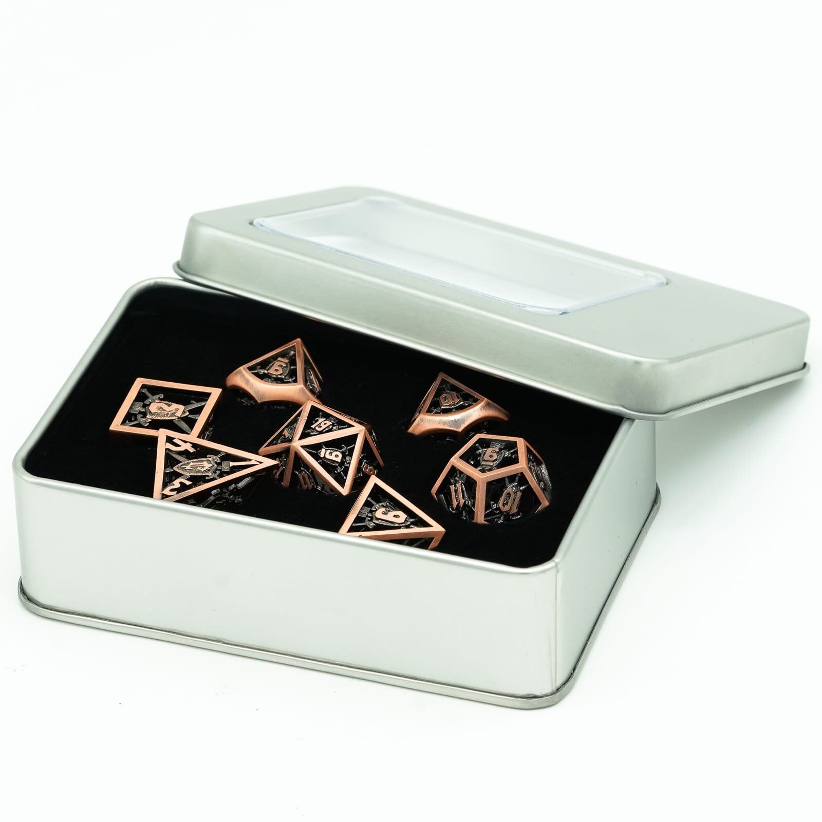 Retro Hollow Shield Copper Metal DND/TTRPG Dice set - Dicemaniac