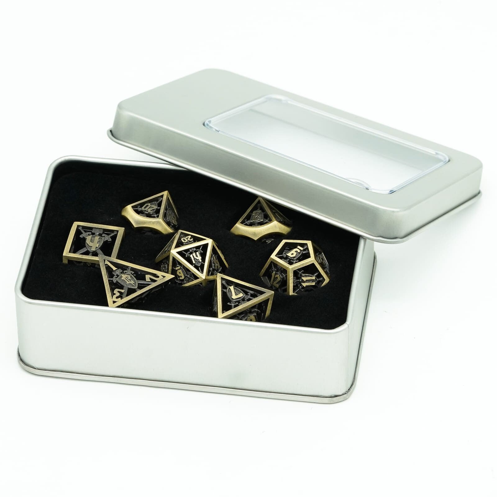 Retro Hollow Shield Brass Metal DND/TTRPG DICE SET - Dicemaniac