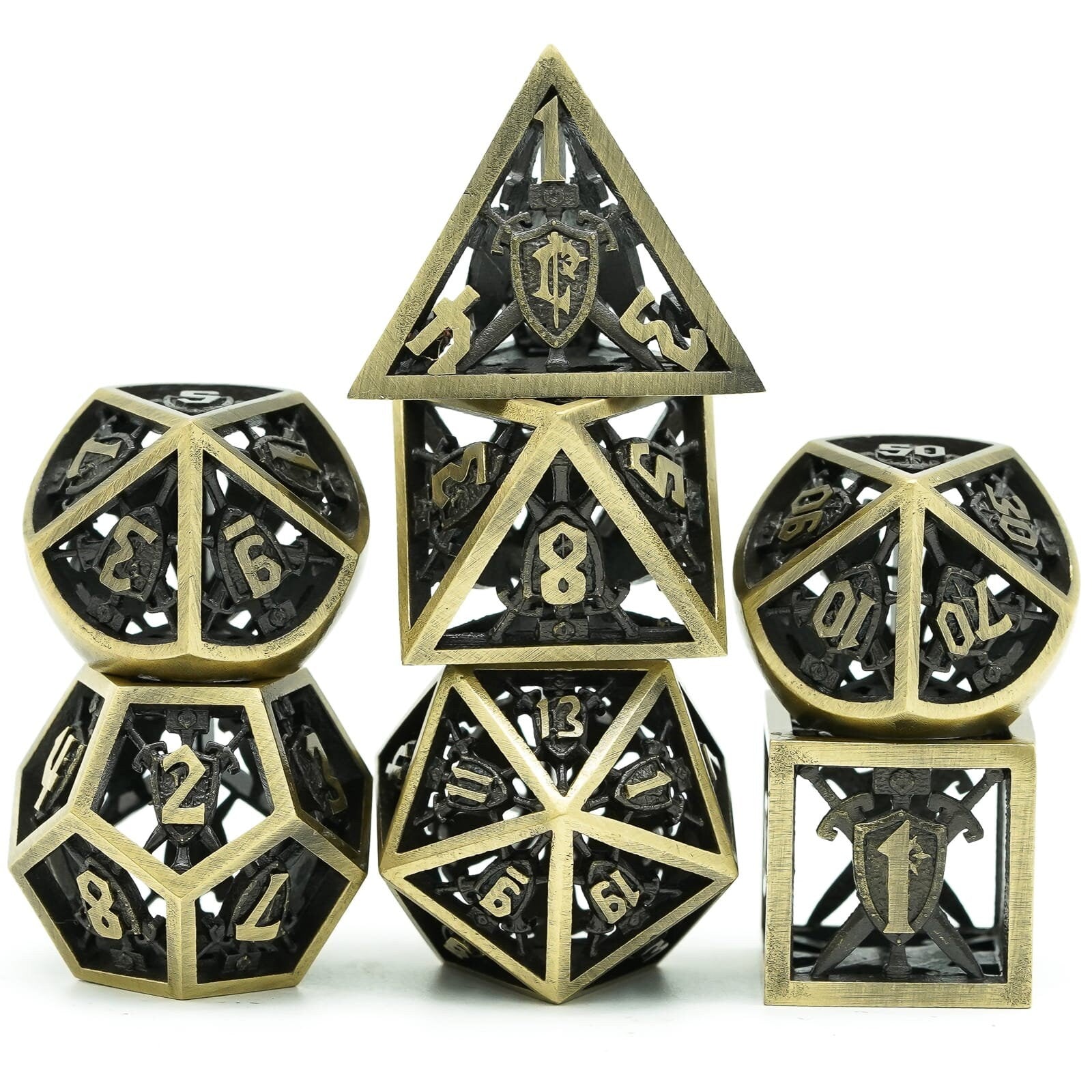 Retro Hollow Shield Brass Metal DND/TTRPG DICE SET - Dicemaniac