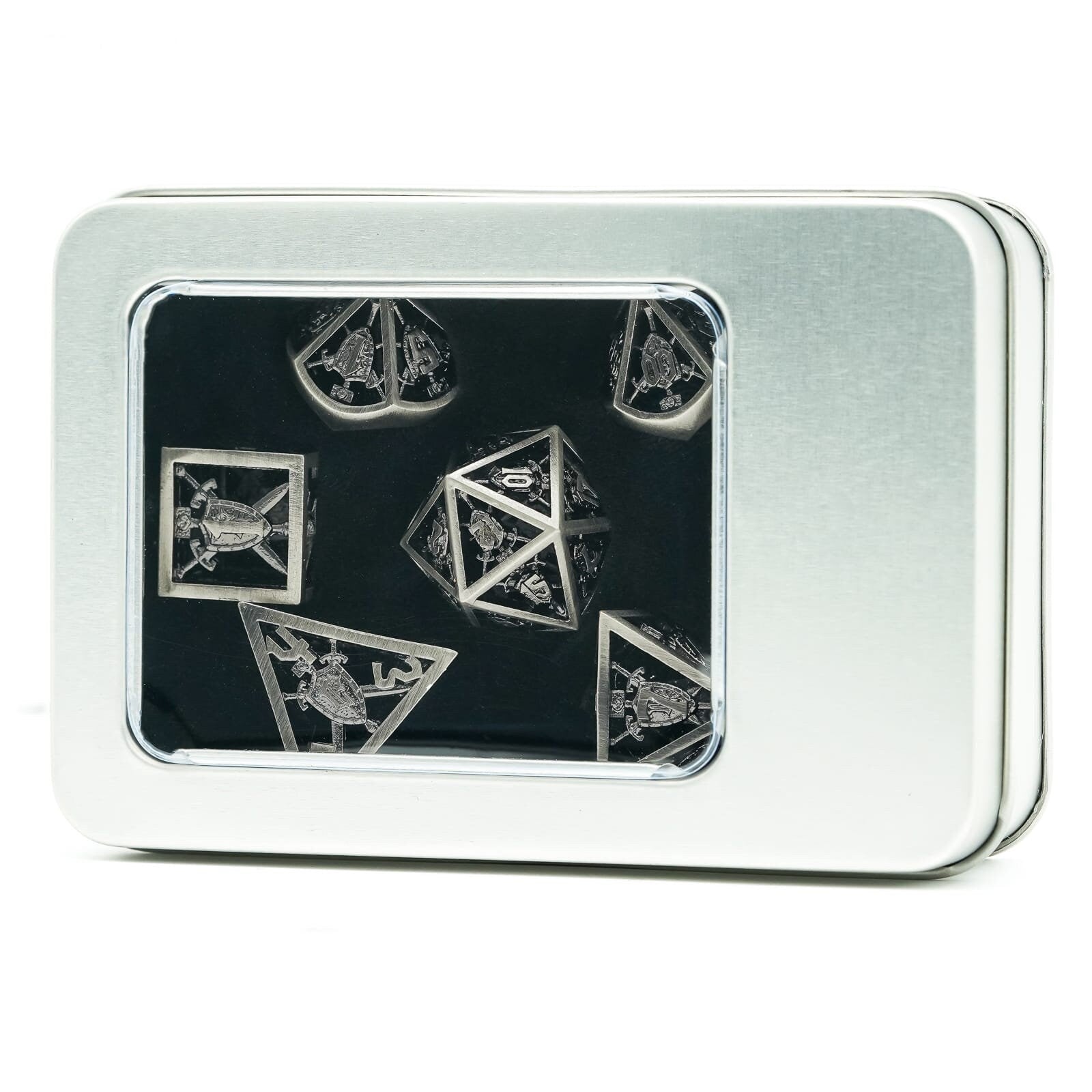 Retro Hollow Shield Silver Metal DND/TTRPG Dice set - Dicemaniac