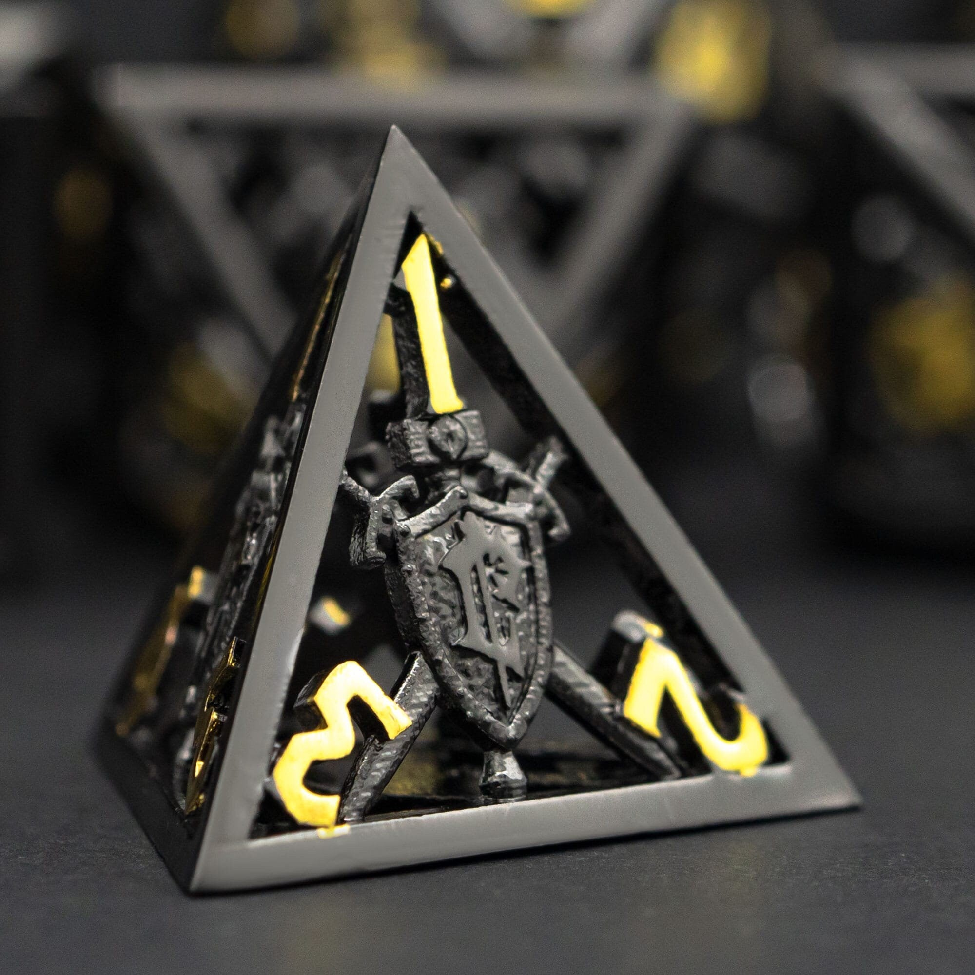 Retro Hollow Shield Black Gold Metal DND/TTRPG Dice set - Dicemaniac