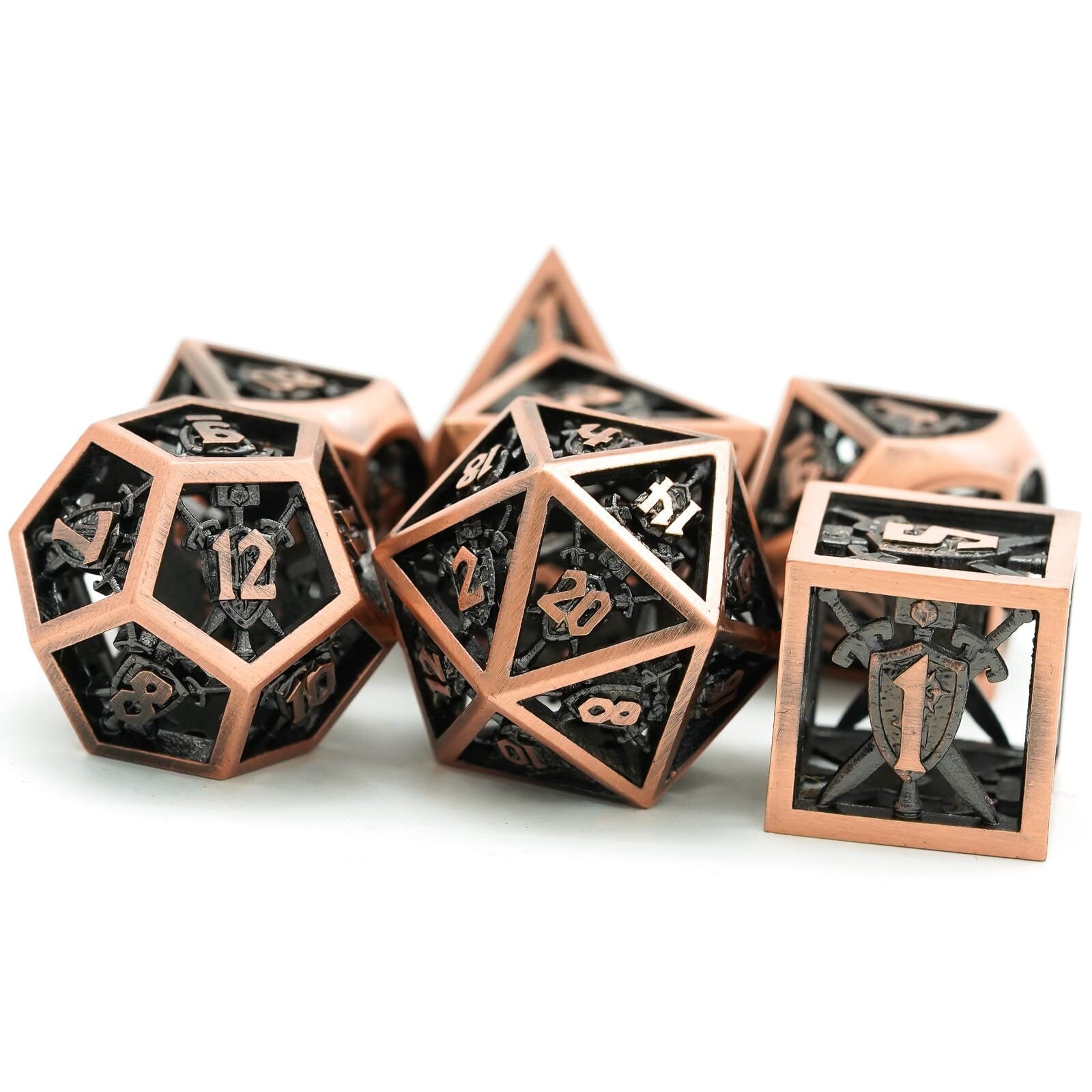 Retro Hollow Shield Copper Metal DND/TTRPG Dice set - Dicemaniac