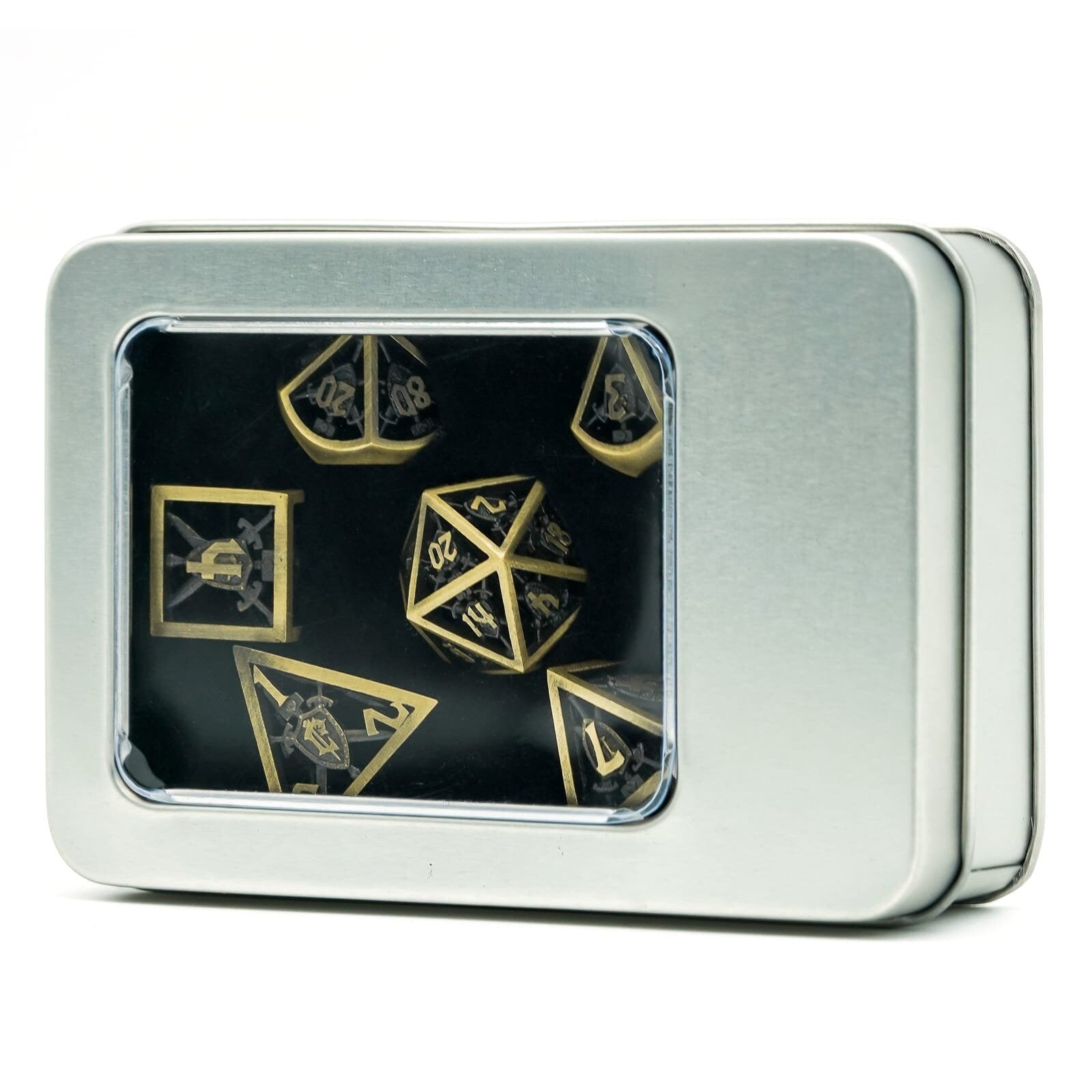 Retro Hollow Shield Brass Metal DND/TTRPG DICE SET - Dicemaniac