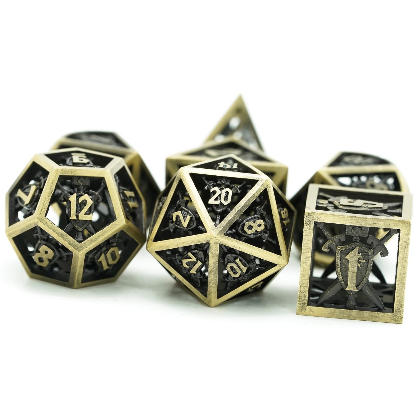 Retro Hollow Shield Brass Metal DND/TTRPG DICE SET - Dicemaniac