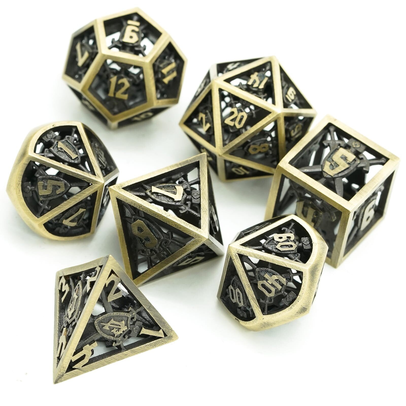 Retro Hollow Shield Brass Metal DND/TTRPG DICE SET - Dicemaniac